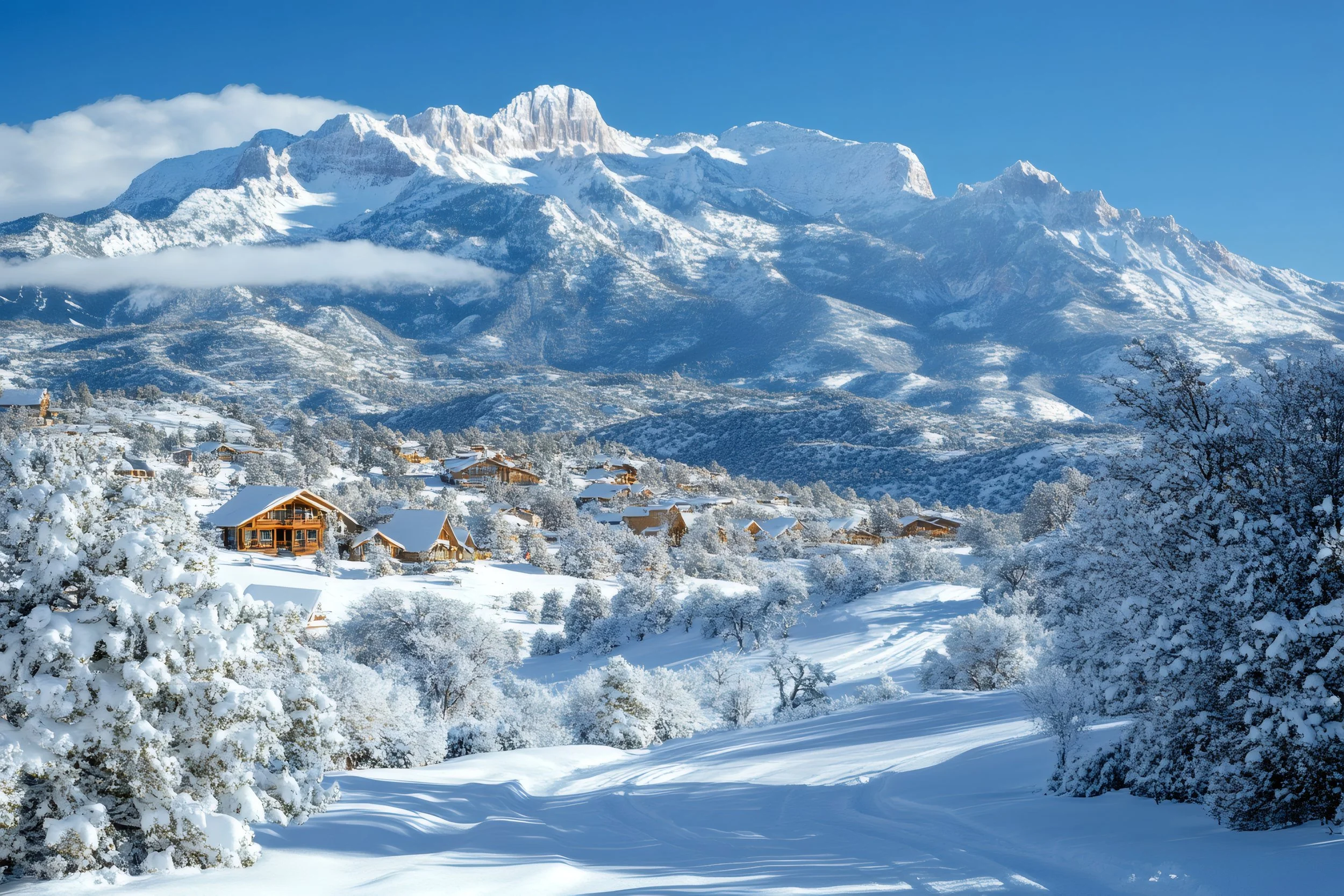 Snow-covered mountains and a village with wooden houses surrounded by trees blanketed in snow on a clear winter day.