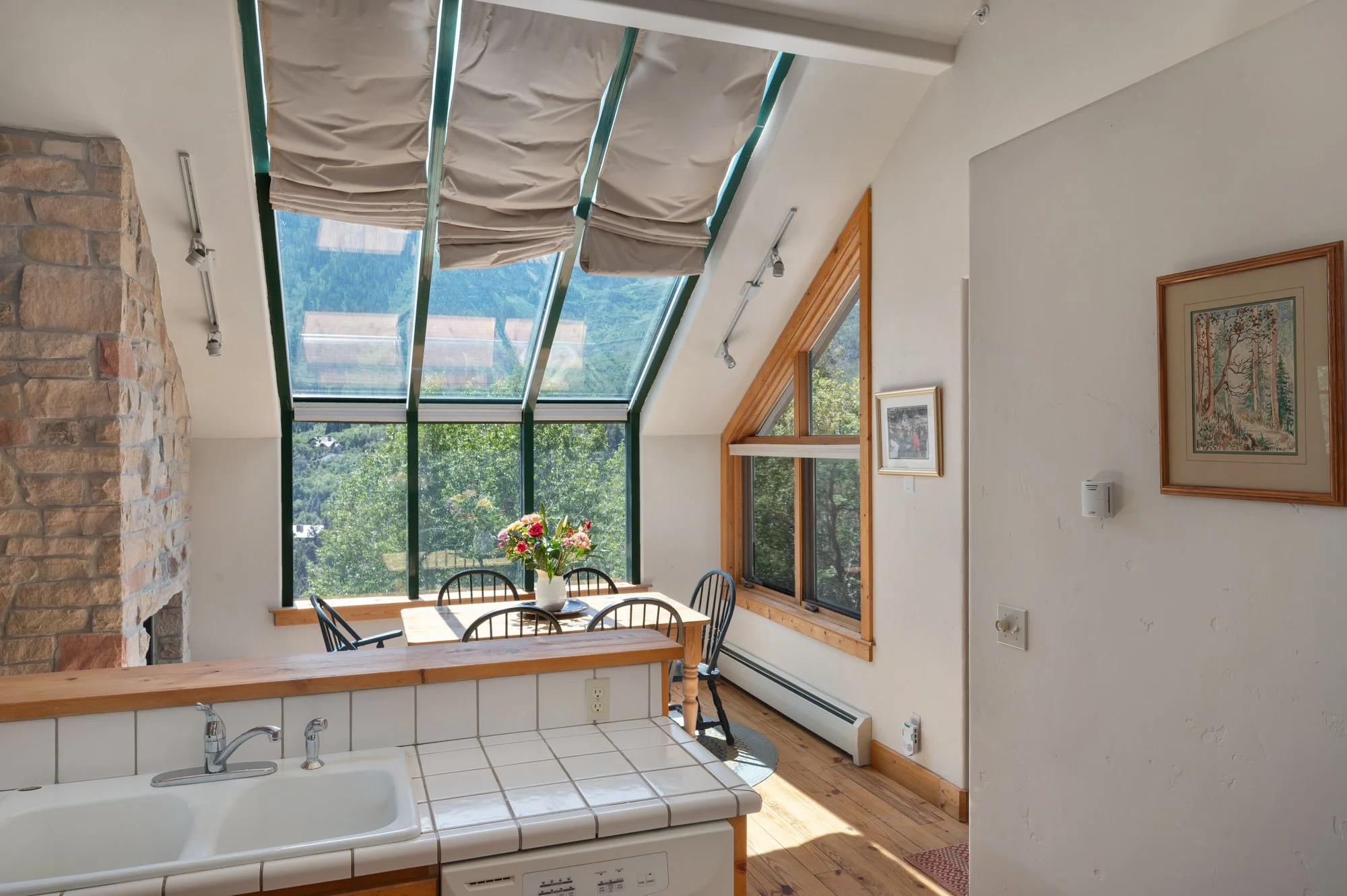 Interior of a room with a large glass ceiling and windows, wooden trim, a dining table with a vase of flowers, and a kitchen counter with a sink, against a background of green trees and a mountain view.