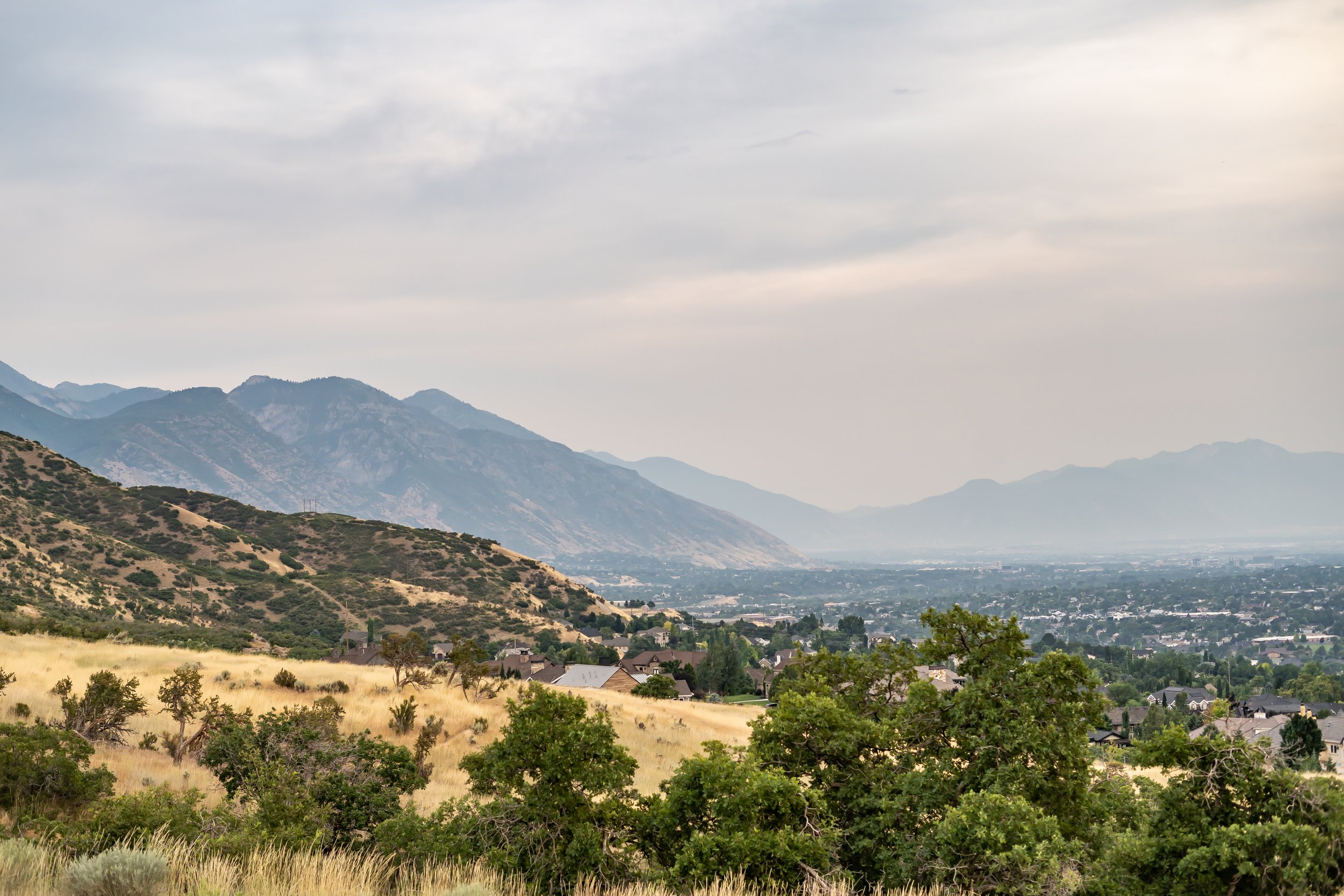 A landscape view of rolling hills with trees, a residential area, and distant mountains under a cloudy sky.