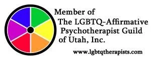 Color wheel with segments in green, purple, blue, and pink. Text reading "Member of The LGBTQQ-Affirmative Psychotherapist Guild of Utah, Inc." and website "www.lgbtqtherapists.com".