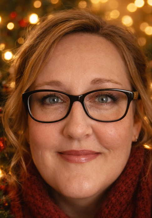 A woman with red hair and glasses smiling in front of a decorated Christmas tree.