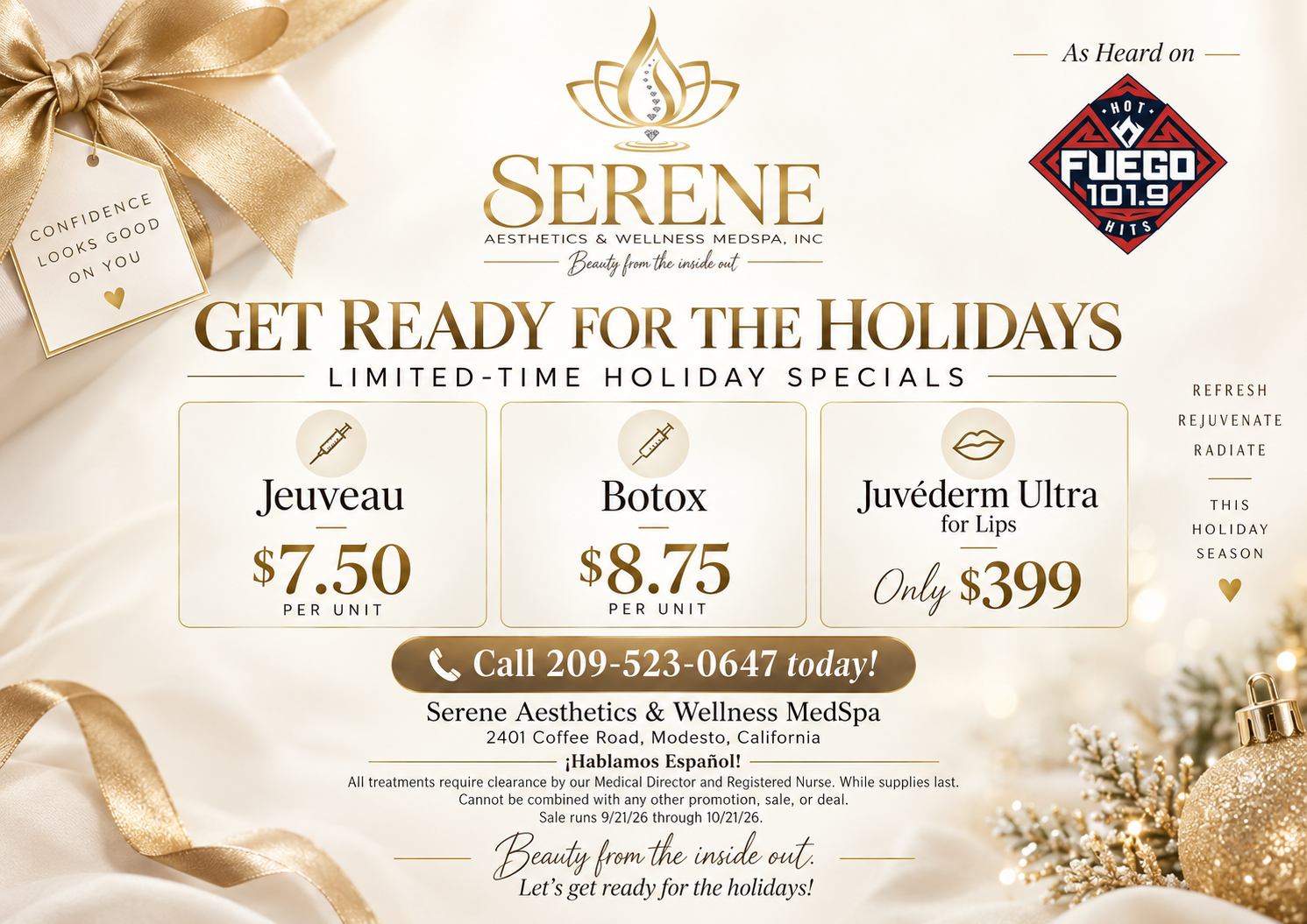 Holiday promotional flyer for Serene Aesthetics & Wellness MedSpa advertising special prices on Jeuveau, Botox, and Juvederm Ultra for Lips, with contact number and location details. Decorated with gold ribbon and ornaments, festive background.