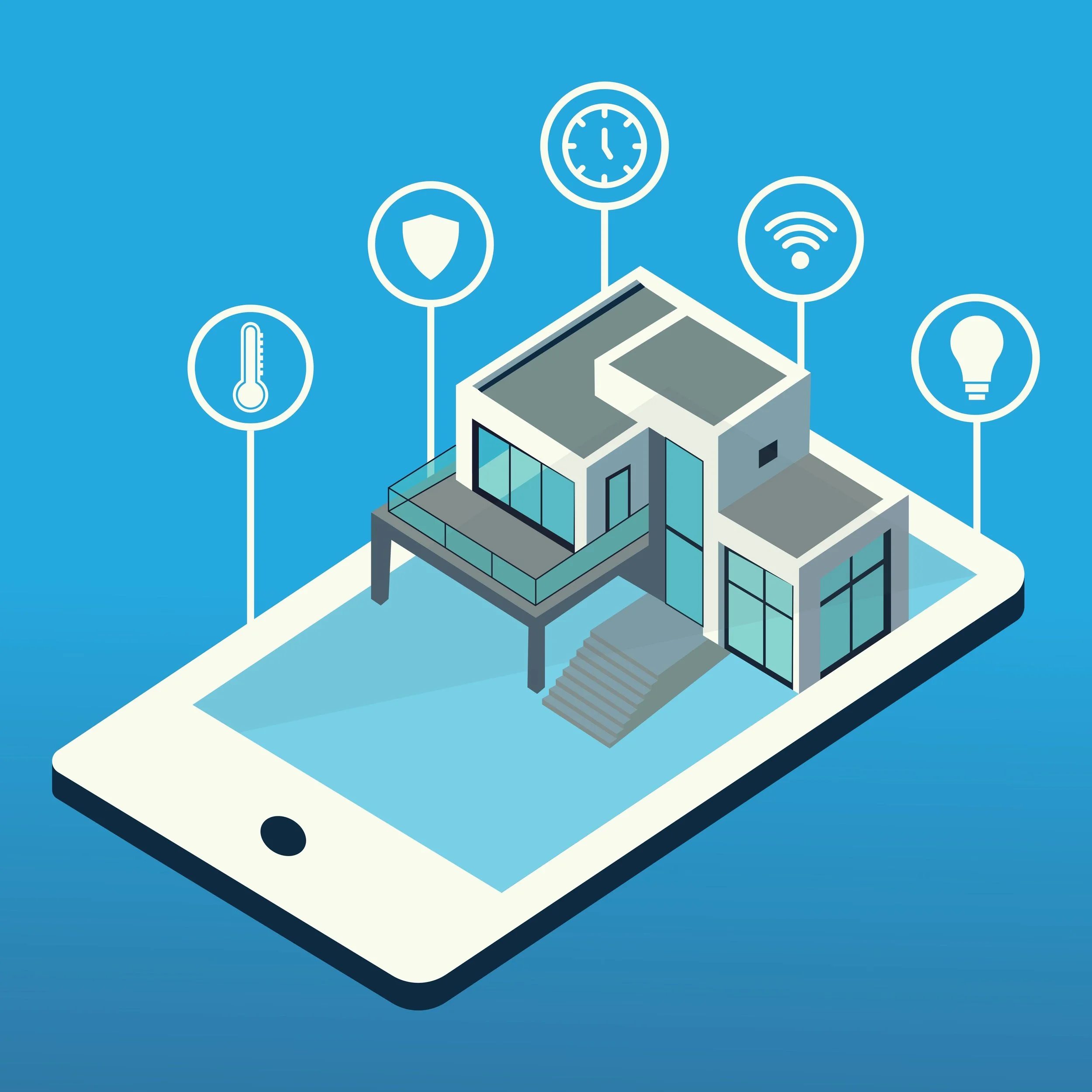 Isometric illustration of a smart home on a smartphone screen with icons for thermostat, security, clock, Wi-Fi, and lighting.