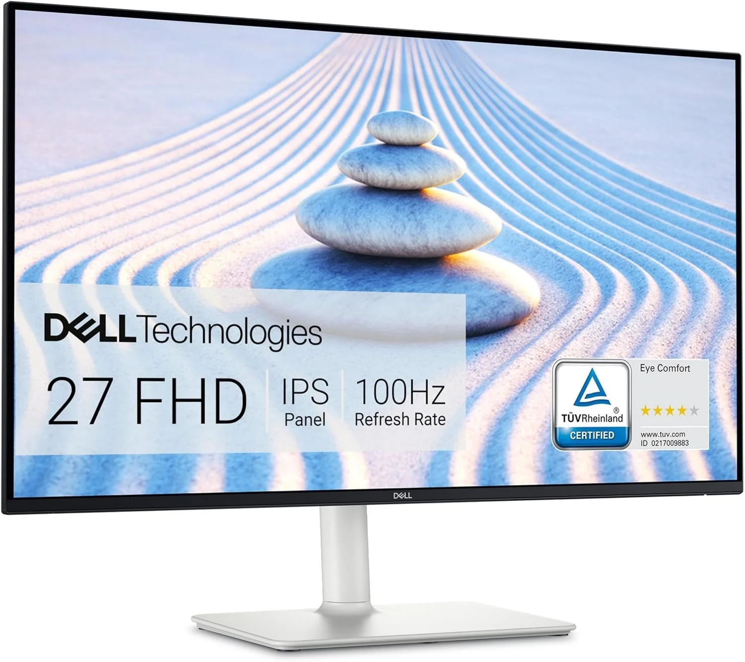 Dell Technologies 27-inch FHD monitor with IPS panel and 100Hz refresh rate, displaying a beach scene with stacked stones and sand patterns, featuring TÜV Rheinland eye comfort certification.