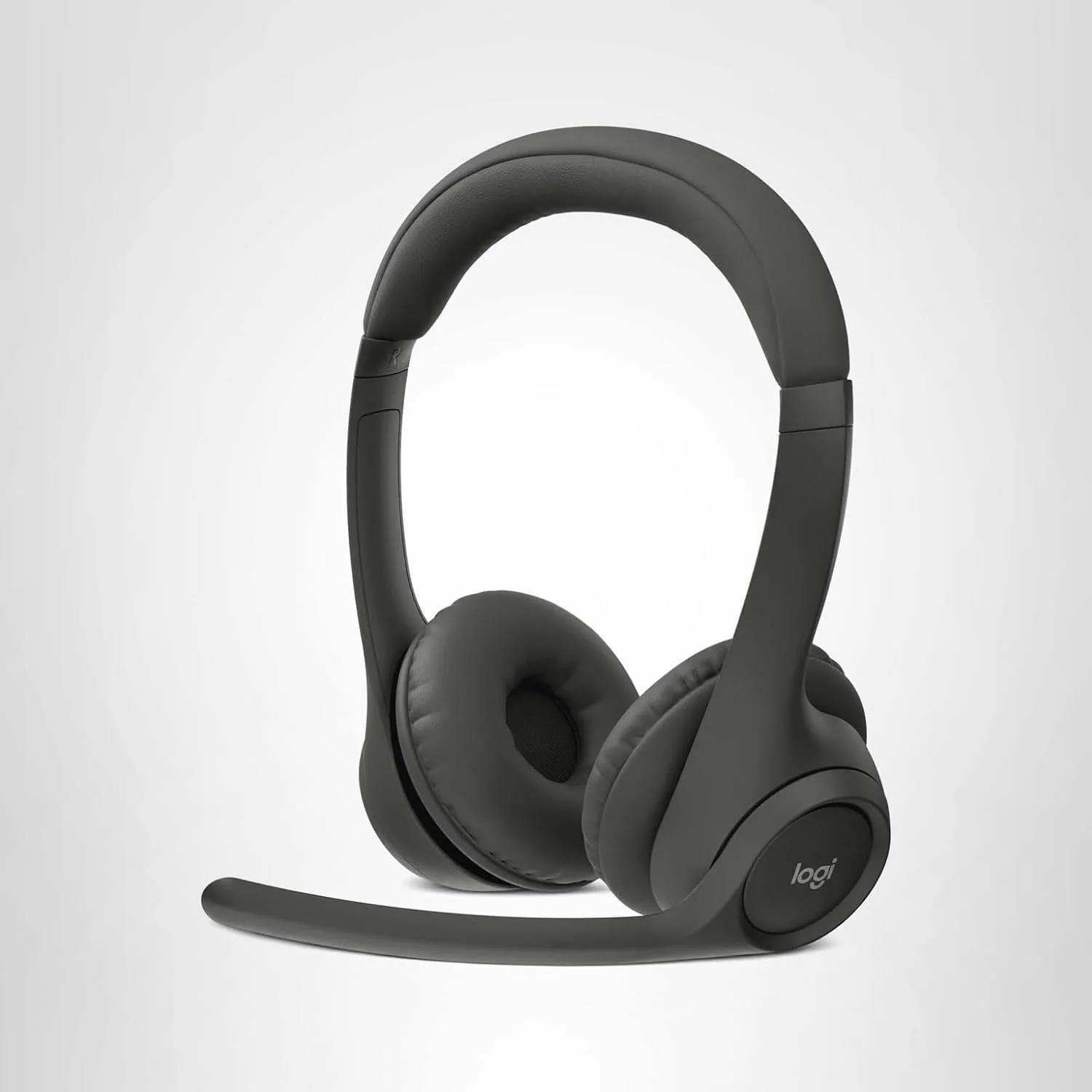 Black wireless headset with a microphone attached to the left side, branded with 'logi', set against a plain light background.