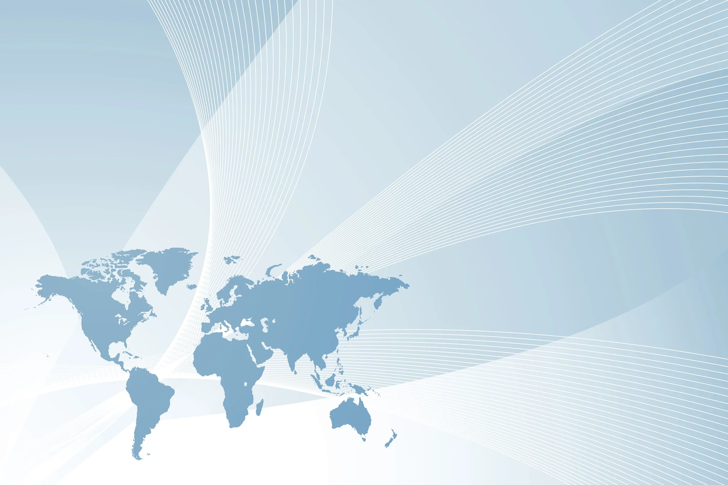 Stylized world map in shades of blue with white lines radiating outward, set against a light blue background.