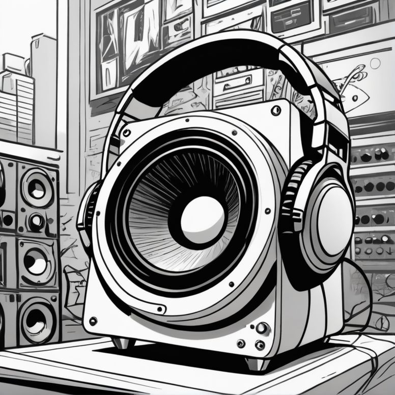 Black and white illustration of a speaker with headphones placed on top, surrounded by audio equipment in a music studio.