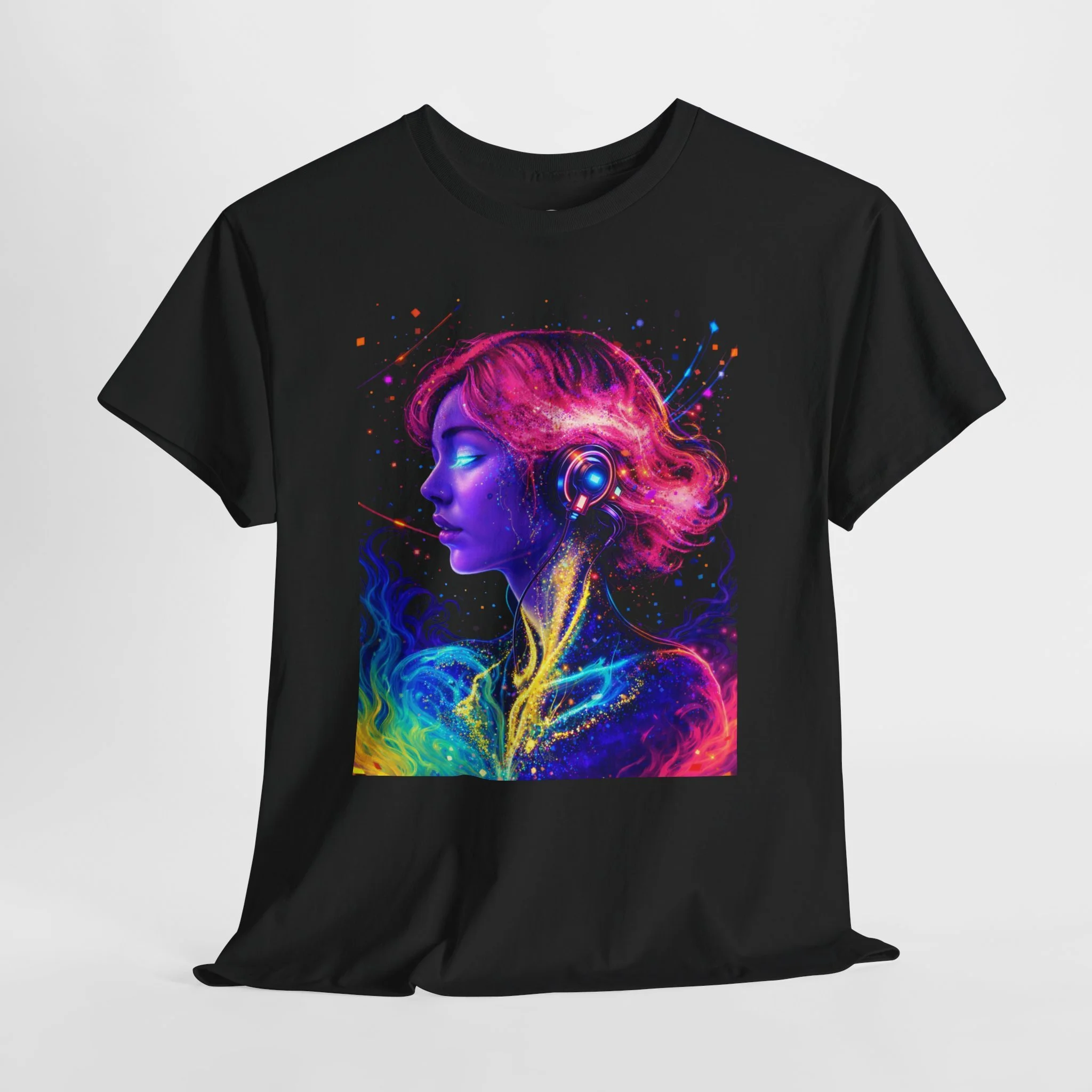 Abstract Colorful Portrait T-Shirt — Vibrant Neon Woman Art Tee
