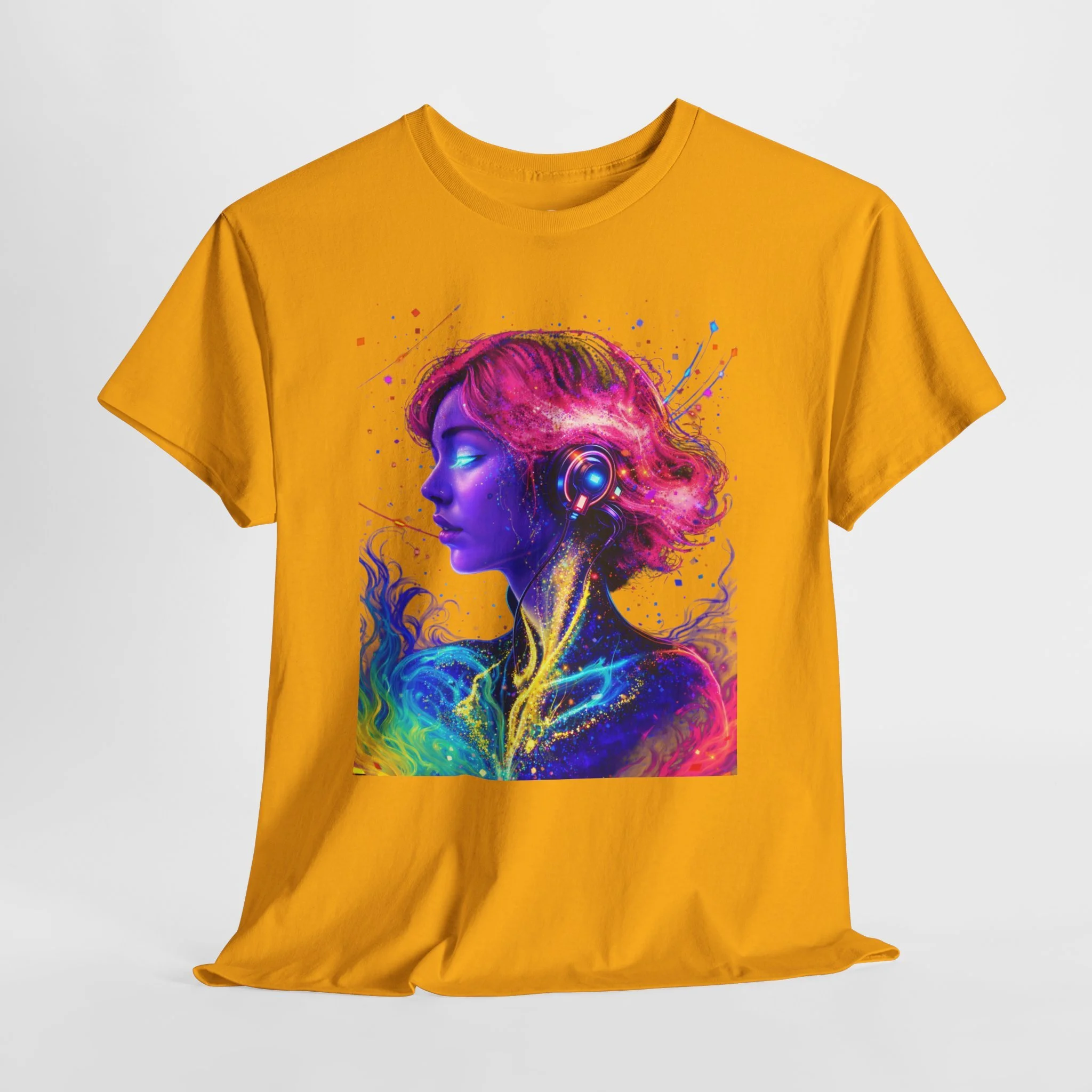 Abstract Colorful Portrait T-Shirt — Vibrant Neon Woman Art Tee