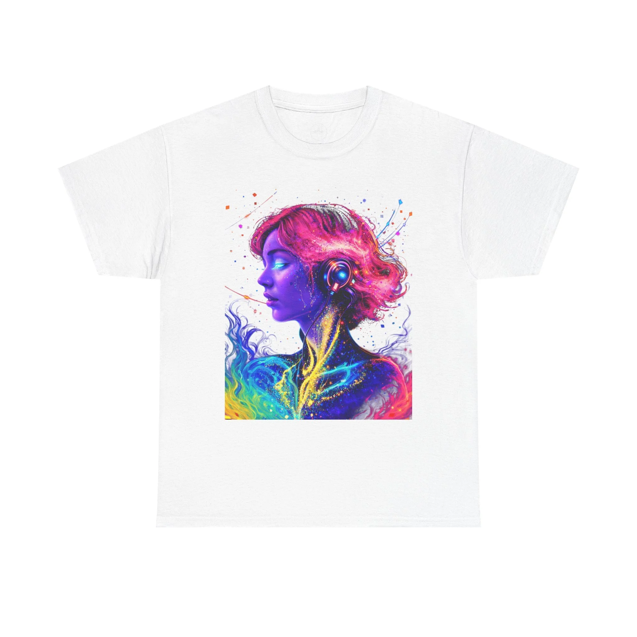 Abstract Colorful Portrait T-Shirt — Vibrant Neon Woman Art Tee