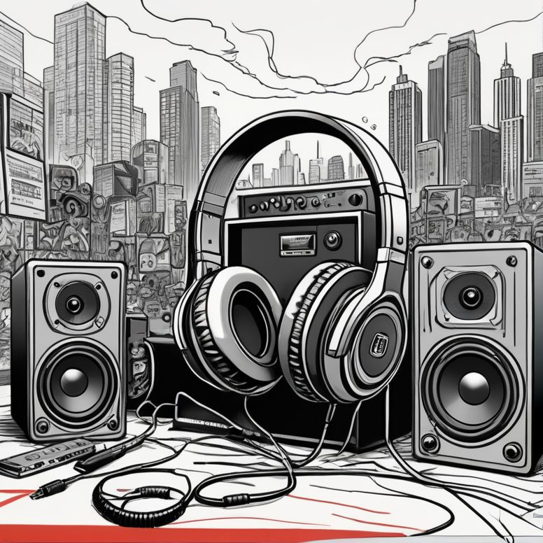 Black and white illustration of DJ equipment, including headphones, speakers, and a mixer, set against a city skyline with tall buildings in the background.