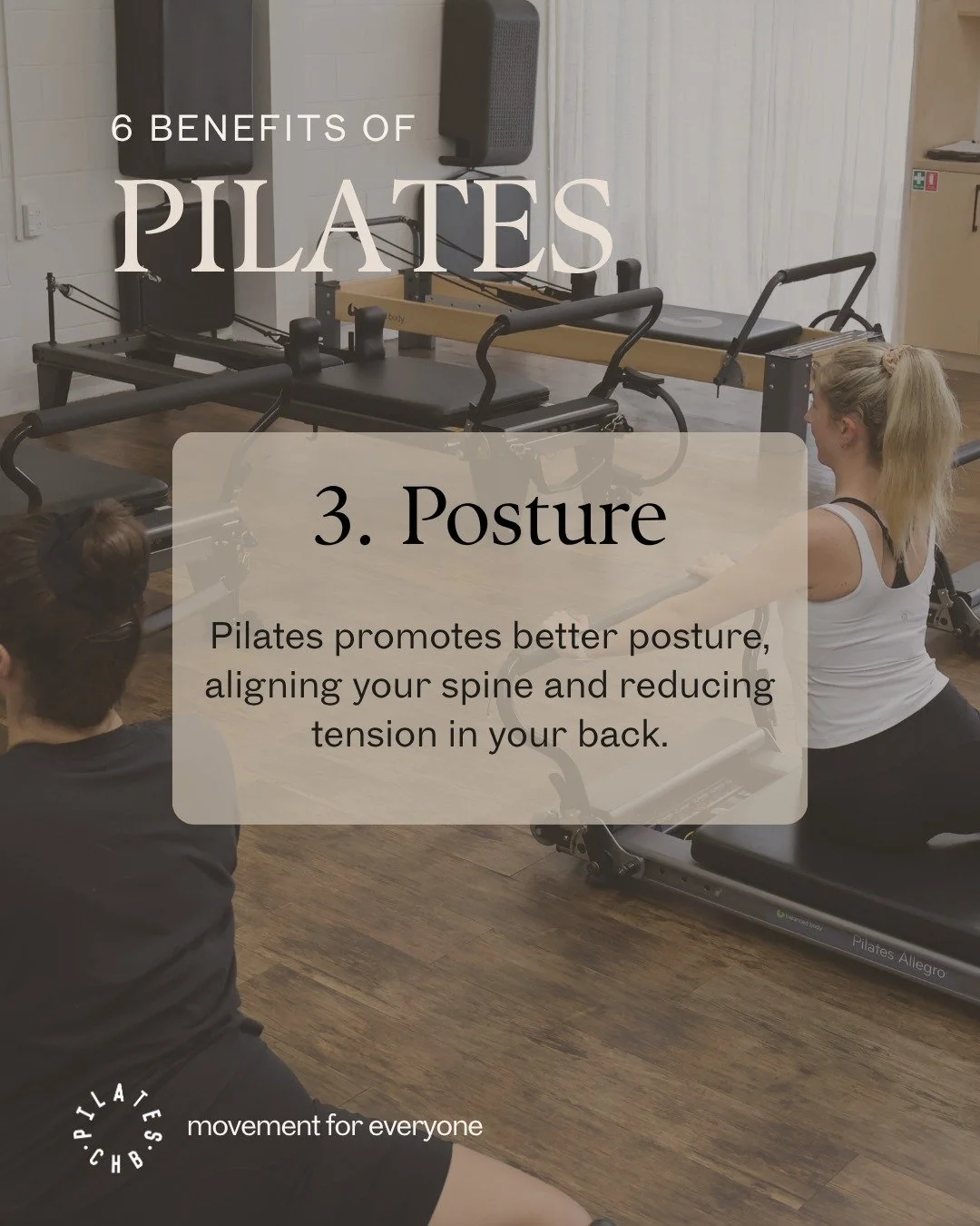 Posture is about how supported and balanced your body feels day to day. 

Pilates helps strengthen the muscles that support your spine, improve alignment, and ease the tension that builds up from everyday life.

Less stiffness, more support, better m