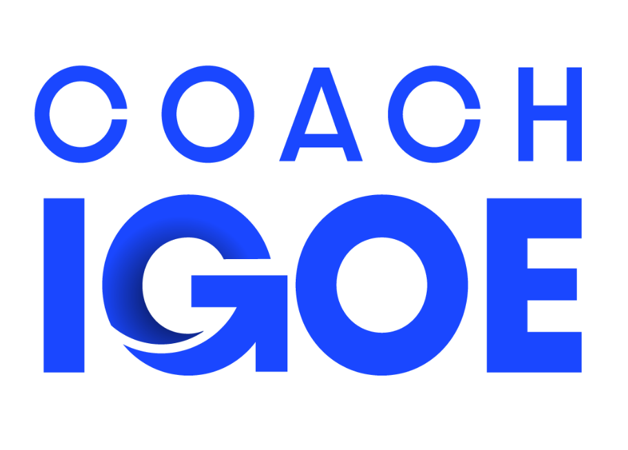 Graphic design with the words "Coach IGoe" in bold blue letters, with the letter "G" stylized with a swoosh design.