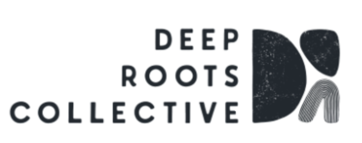 Logo for Deep Roots Collective featuring black abstract shapes and striped pattern