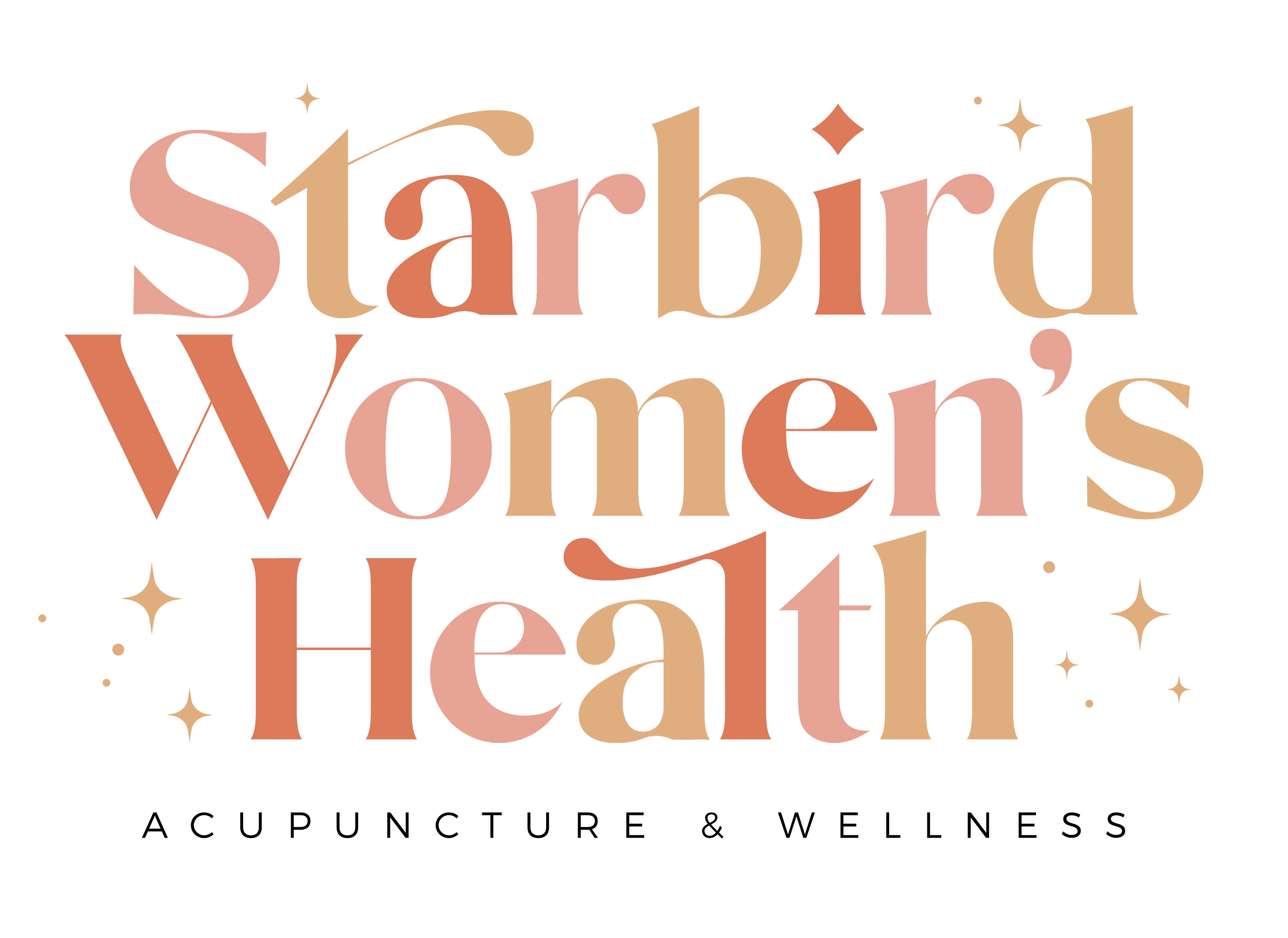 Colorful text graphic with the words "Starbird Women's Health" in large, pastel shades of pink, orange, and beige on a black background, surrounded by small star and dot accents.