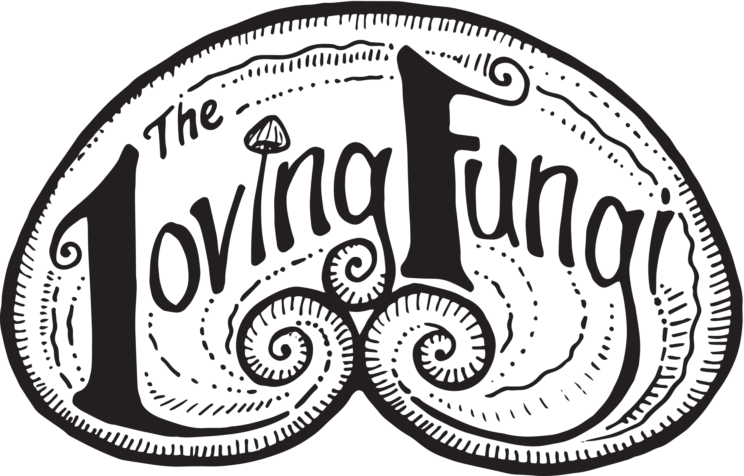 Black and white illustration of a lemon sliced in half with the text ‘The Loving Unagi’ integrated into the design.