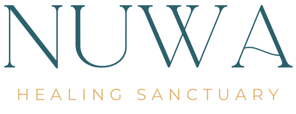 NUWA Healing Sanctuary logo with large teal letters NUWA and smaller gold letters Healing Sanctuary underneath.