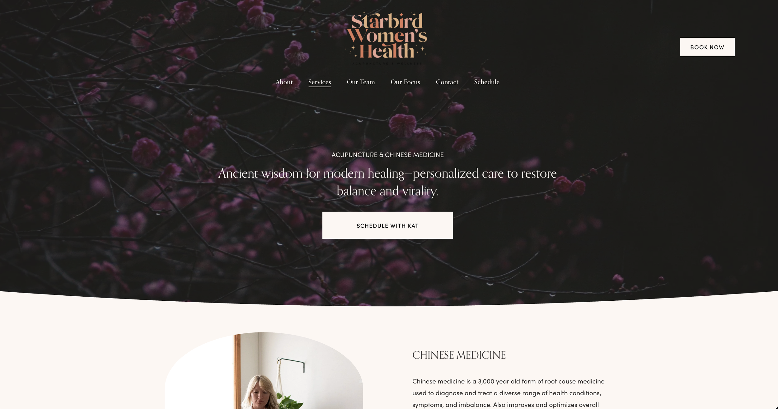 Homepage of Starbird Women's Health website with a dark floral background, navigation menu, and a button labeled 'Schedule with Kat'.