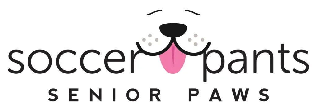 Logo for Soccer Paws Senior Paws featuring a stylized dog face with closed eyes, nose, and tongue, with the words 'soccer paws' and 'senior paws' underneath.
