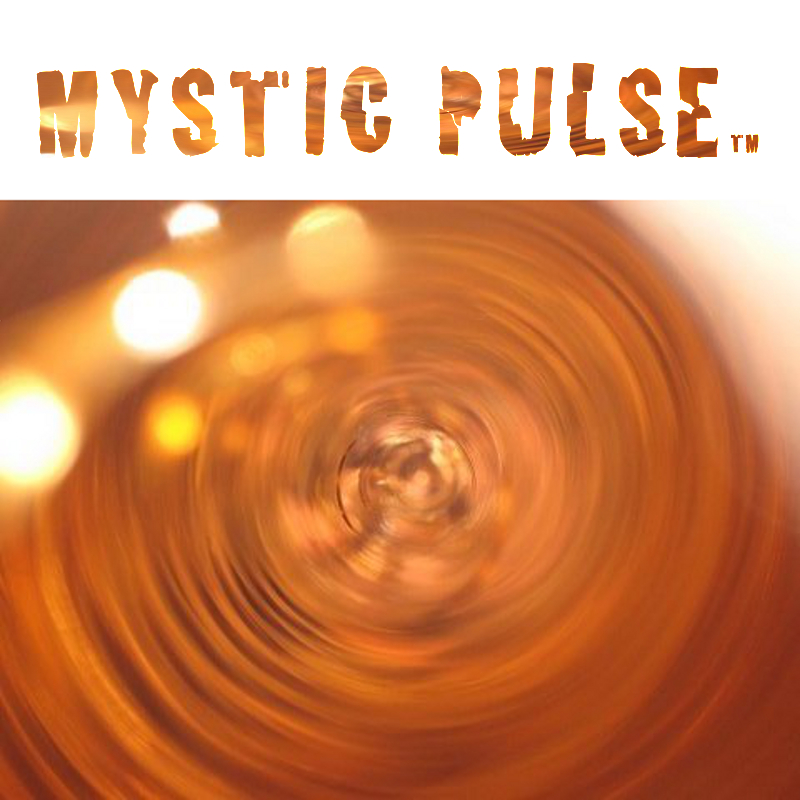 Close-up of an orange liquid with swirling motion and blurred light reflections, with the text 'MYSTIC PULSE' at the top.