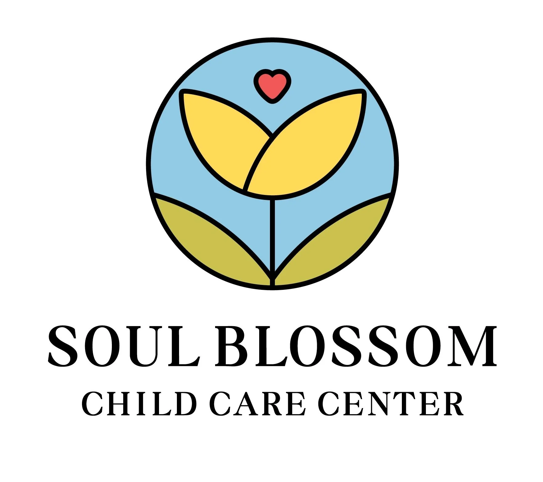 Logo of Soul Blossom Child Care Center featuring a stylized flower with yellow petals, a small red heart above, and the name of the center underneath.