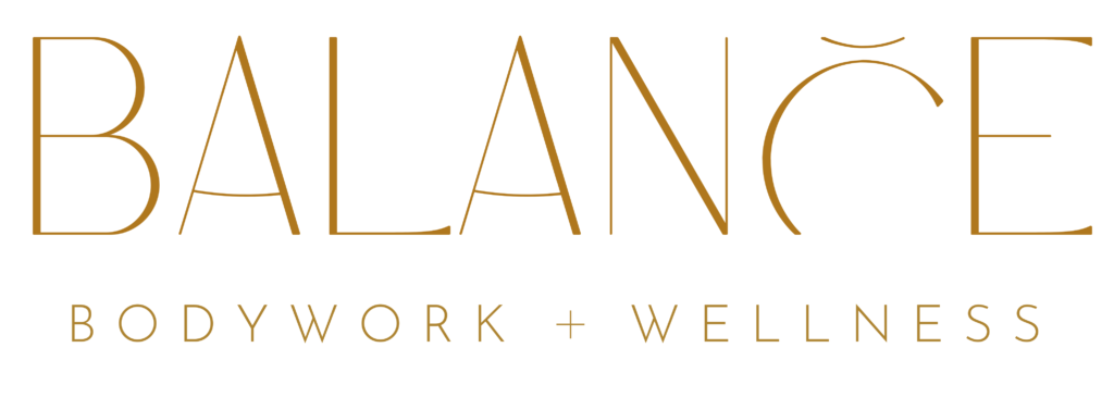 Logo for Balance Bodywork + Wellness in gold text on white background.