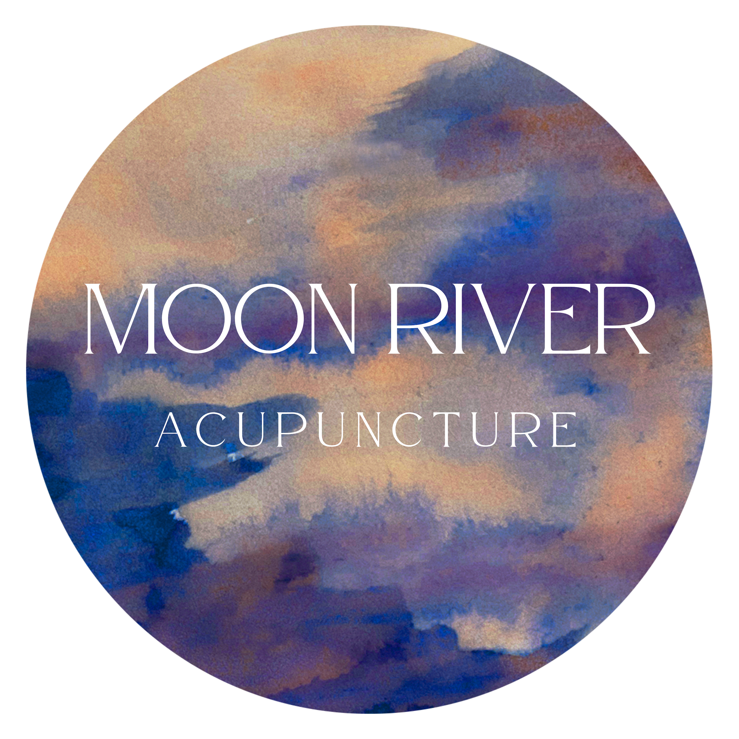 Circle with a watercolor sky background in shades of blue, purple, pink, and orange. Text overlay reading 'Moon River Acupuncture' in white, elegant font.