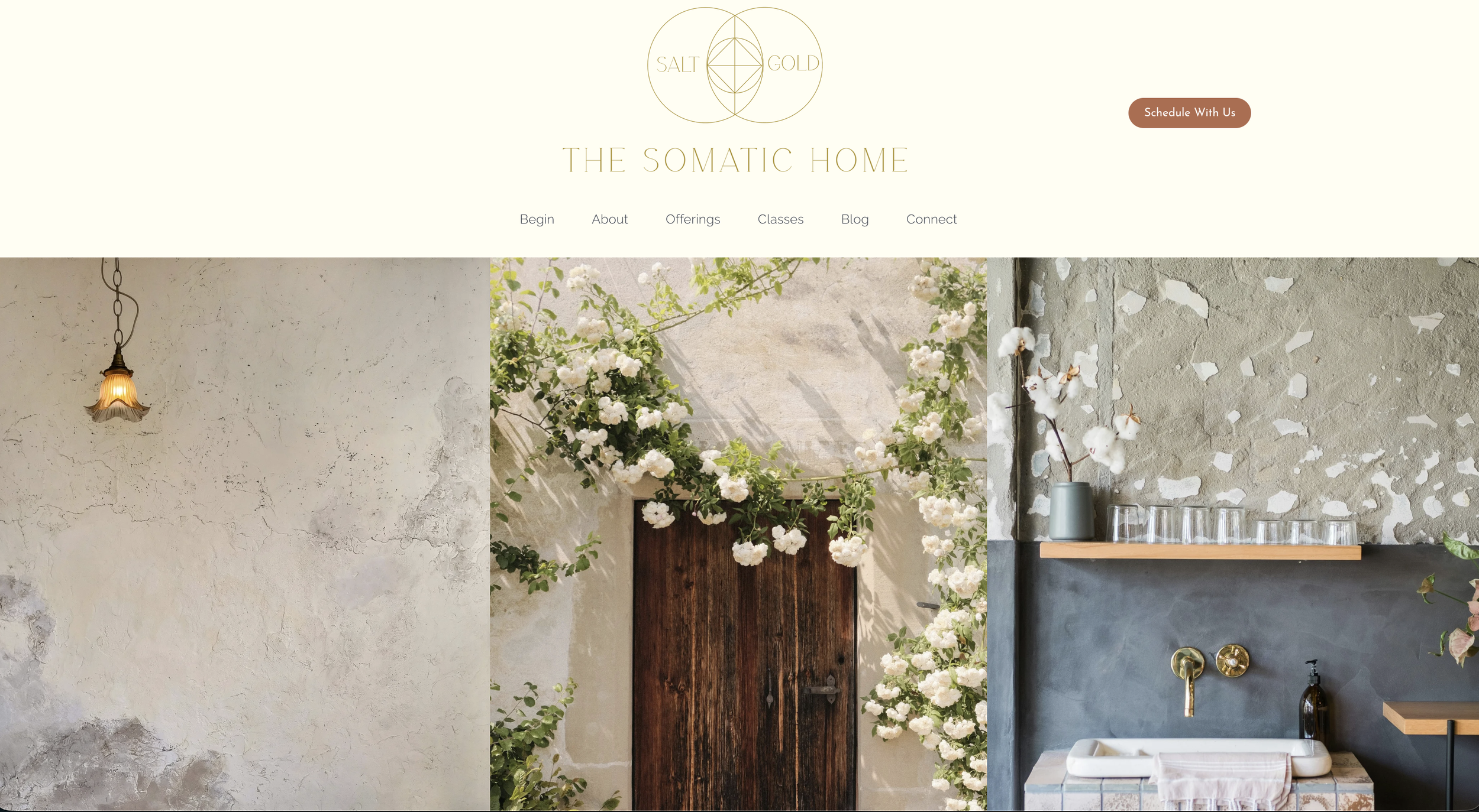 Interior scene featuring a rustic bathroom area with a textured wall, a wooden door partially covered by white blooming flowers, a shelf with glassware, and a sink with gold fixtures.