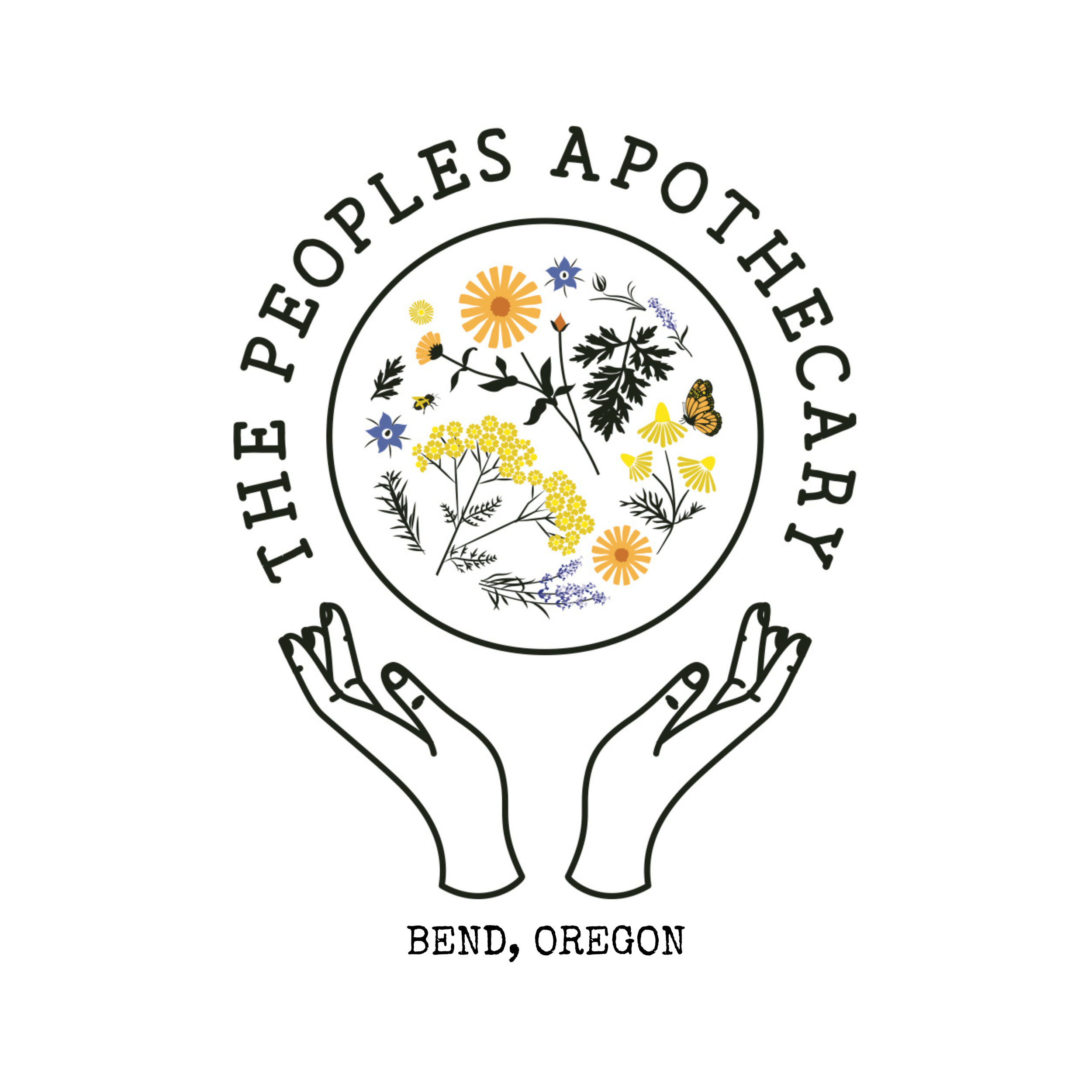Logo for the Hope People Aposthecary featuring a circle of colorful flowers and a butterfly, supported by two stylized black hands, with text 'The Hope People Apothecary' and 'Bend, Oregon'.
