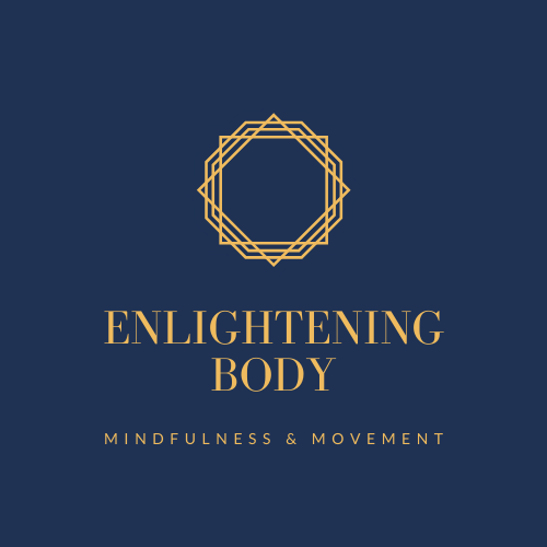 Logo with geometric shapes and text that reads 'Enlightening Body, Mindfulness & Movement' on a dark blue background.