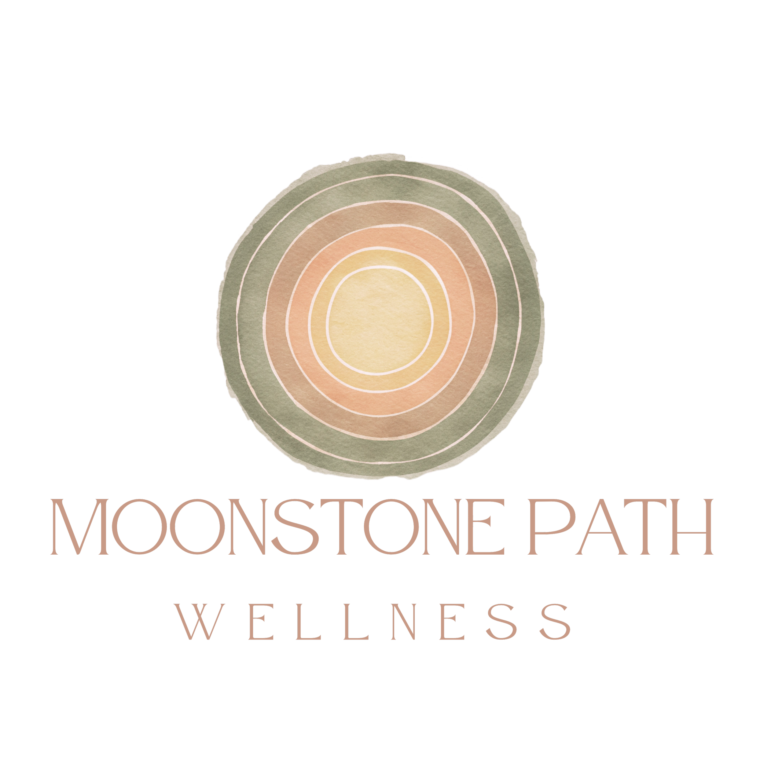 Logo featuring a cross-section of a tree trunk with concentric rings and the text 'Moonstone Path Wellness' beneath it.
