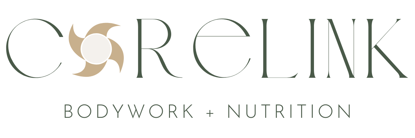 Logo for CorClink Bodywork + Nutrition with stylized text and graphic element.