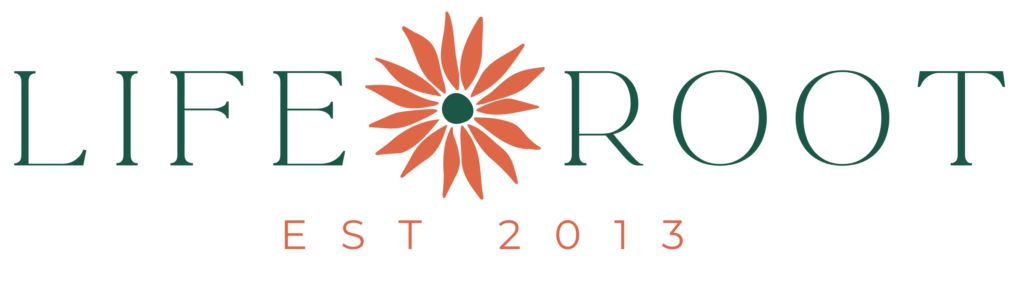 Logo for Life Root with a stylized flower in place of the 'O', and text indicating it was established in 2013.