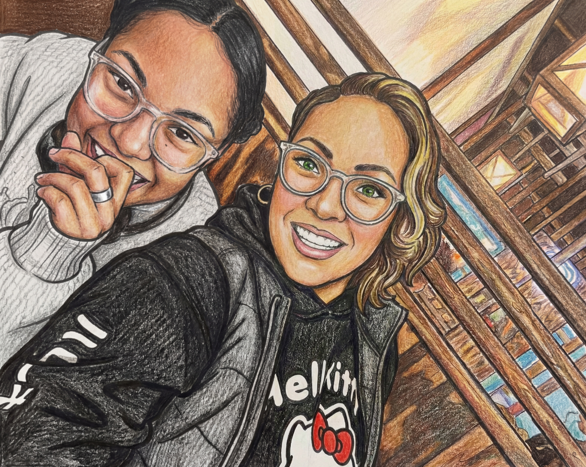 A colorful, artistic drawing of two women smiling and taking a selfie inside a wooden structure with warm lighting.