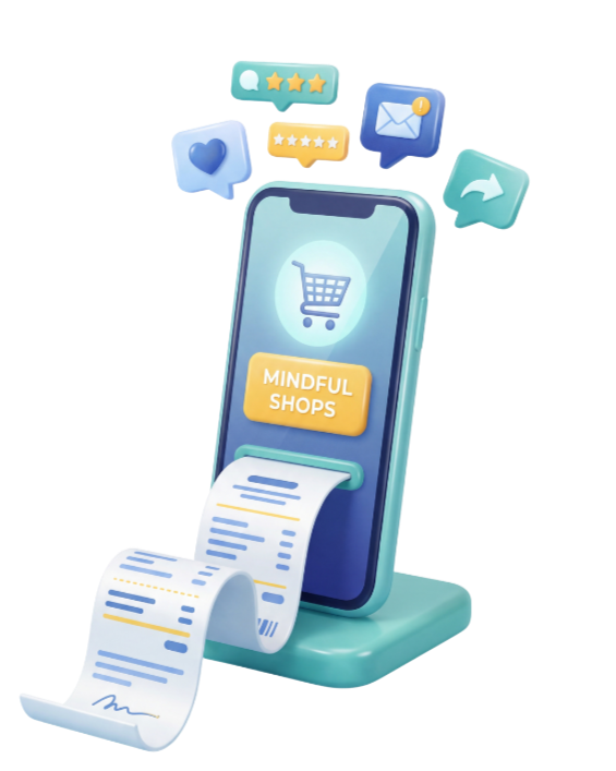 Smartphone with shopping cart app, receipt printing from phone, surrounded by icons for reviews, messages, email, sharing, and likes.