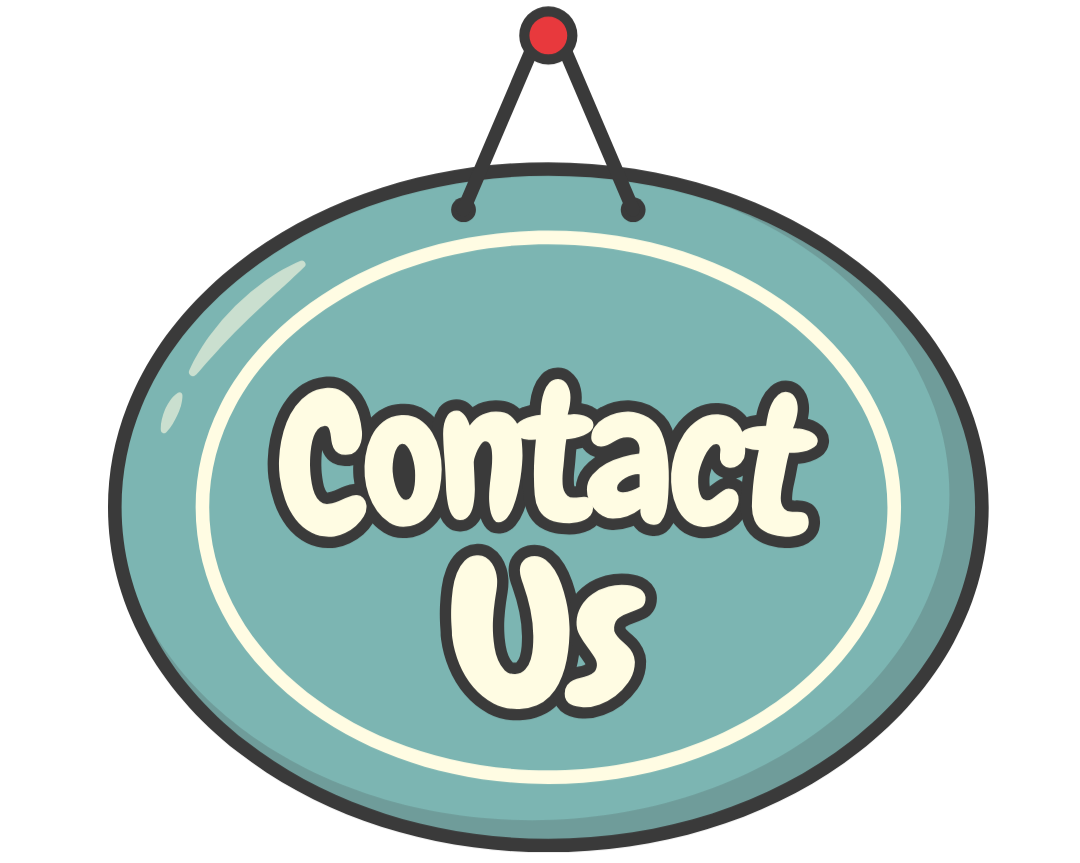 A rounded, teal-colored sign with the words 'Contact Us' in bold, cream-colored letters hanging from a black string with a red hook.