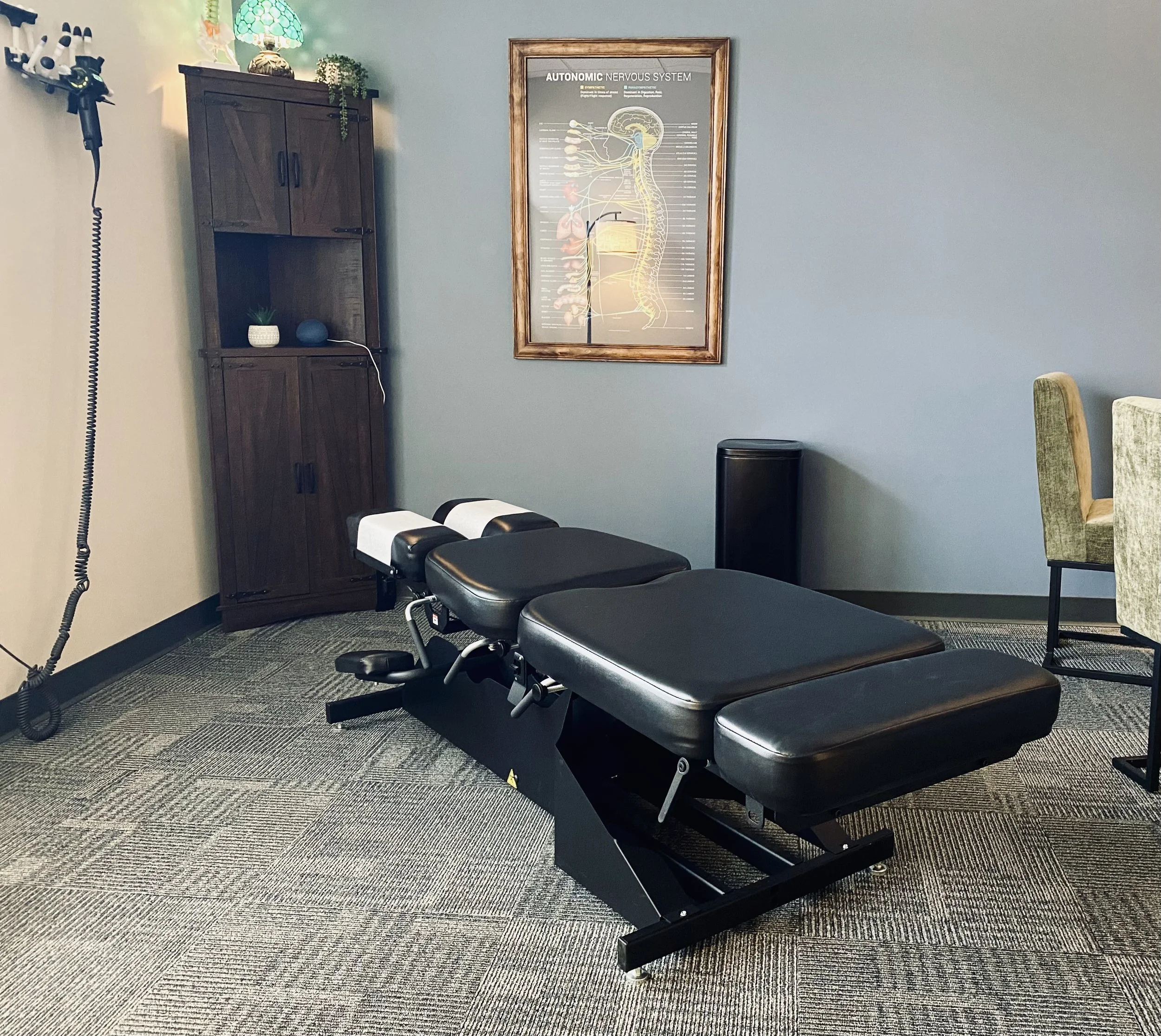 Chiropractic treatment room with a black adjustable massage table, a wooden cabinet, a framed educational poster of the autonomic nervous system, a small plant, and a filing cabinet. There are chairs at the side and a wall-mounted device connected to a cord.