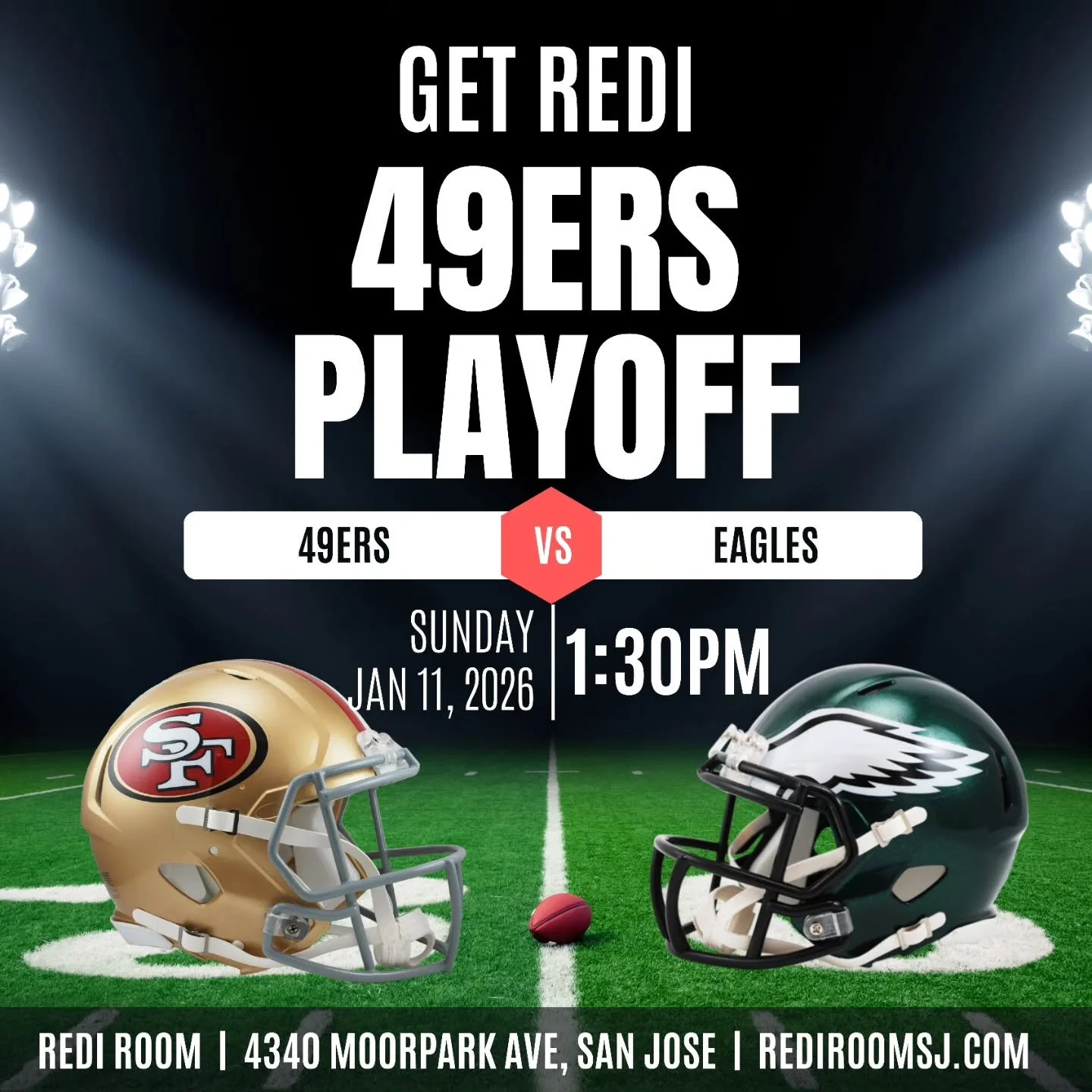 Game starts at 1:30pm this Sunday! Come watch the game at Redi Room. Go Niners!