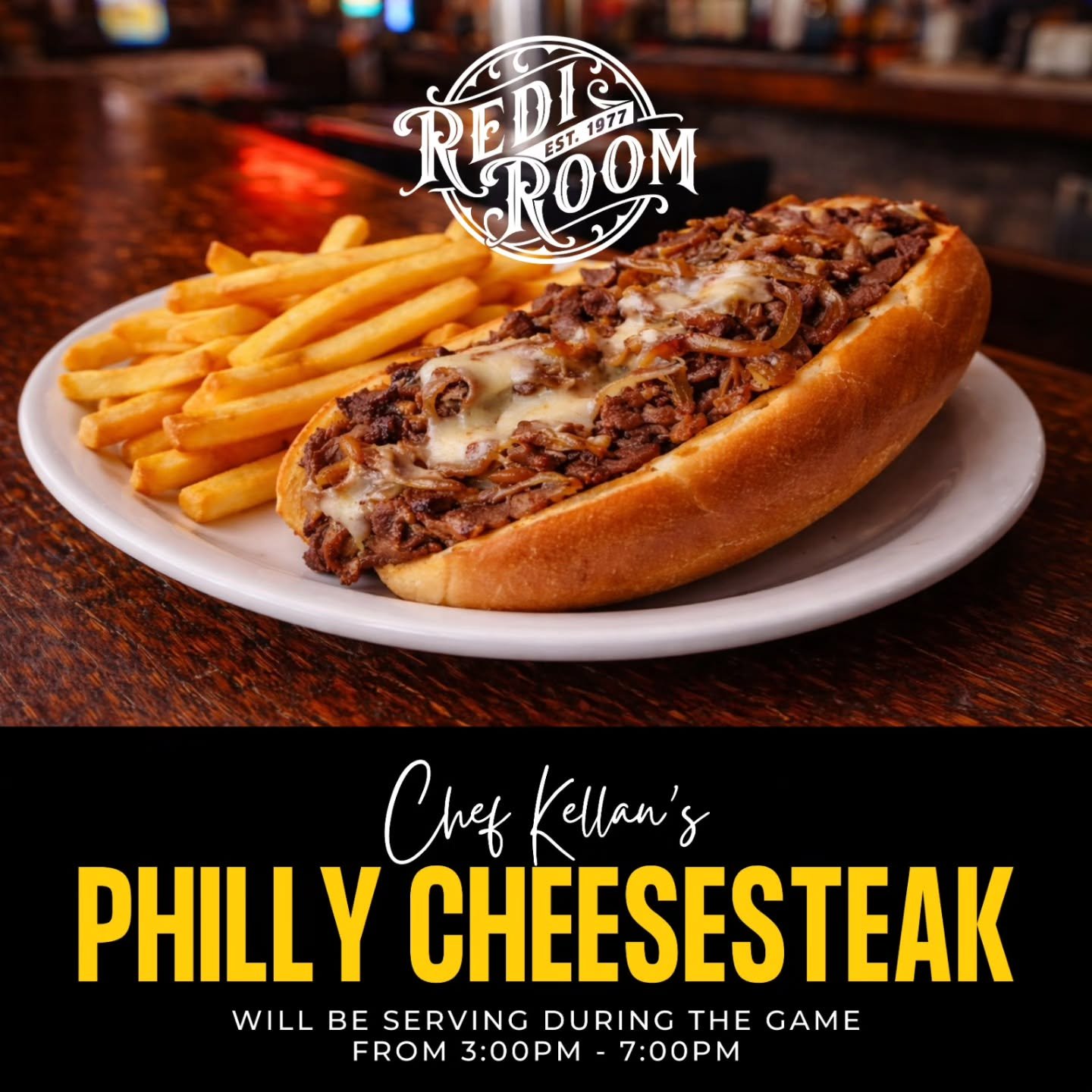 We will have the kitchen open today for the big game from 3pm-7pm, serving up Philly Cheesesteaks, Fries and Mozarella sticks. Come watch the game with us.