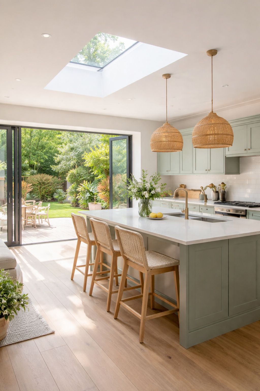 Bright kitchen with pale green cabinets, white countertop island, and hanging wicker pendant lights, opening to a lush green backyard with outdoor dining area.