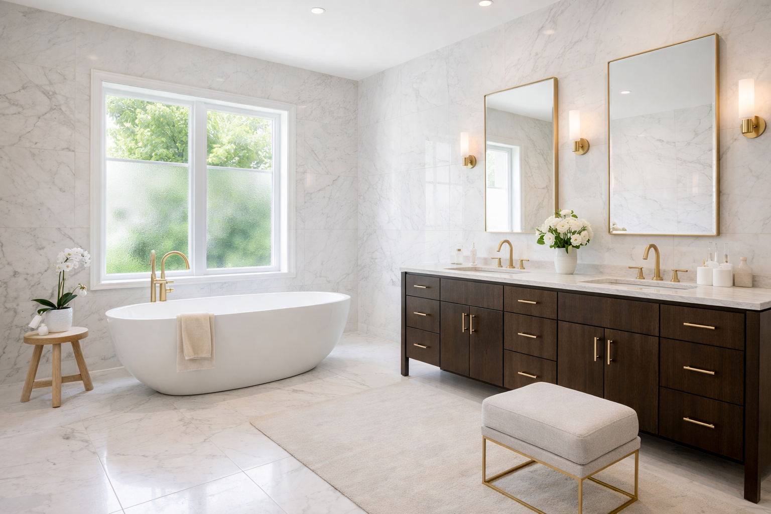 Modern bathroom with white marble walls and floor, a freestanding bathtub, a wooden vanity with two sinks, gold fixtures, large mirrors, and a window showing green trees outside.