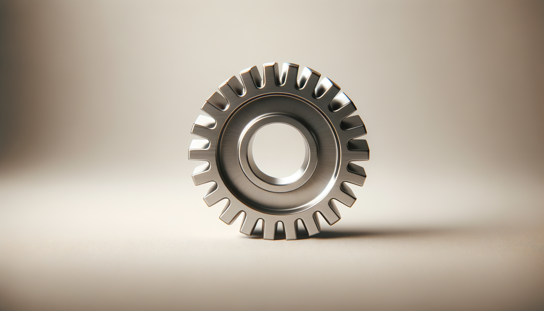 Close-up of a metallic gear or cogwheel on a plain background.