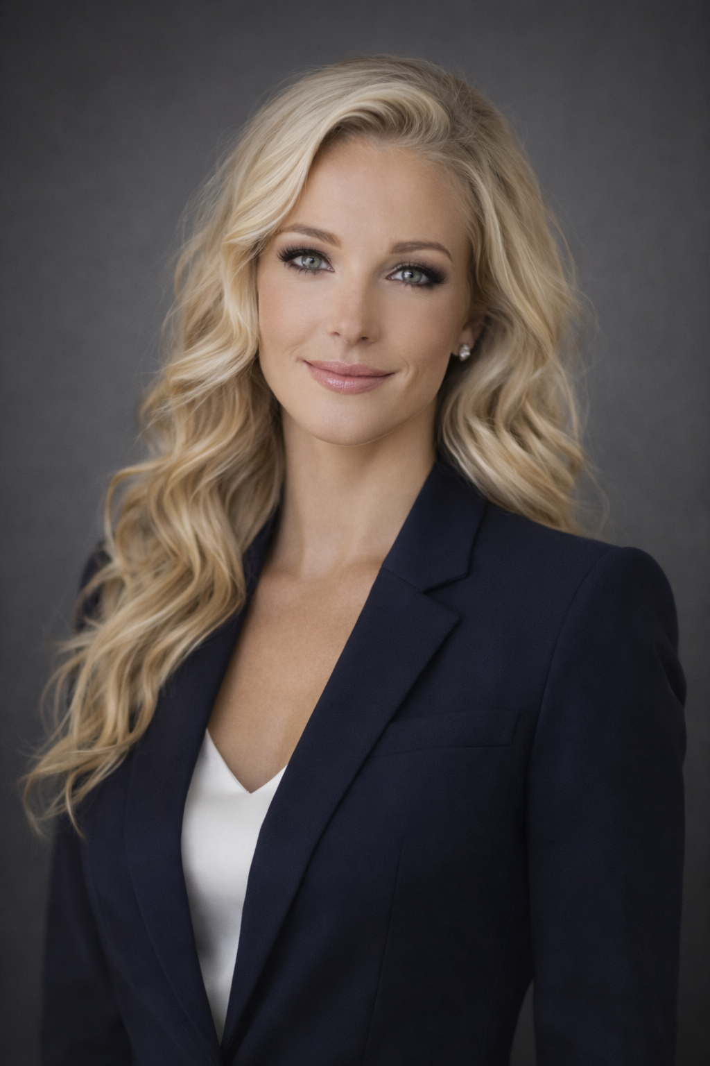 Headshot of a woman with long blonde wavy hair, wearing a navy blazer over a white top, smiling with a neutral dark gray background.