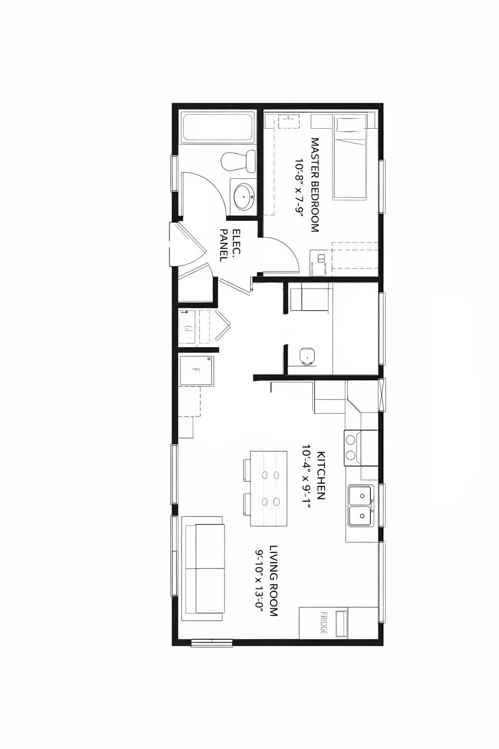 Floor plan of a one-bedroom apartment with labeled rooms including living room, kitchen, master bedroom, bathroom, and hallway.