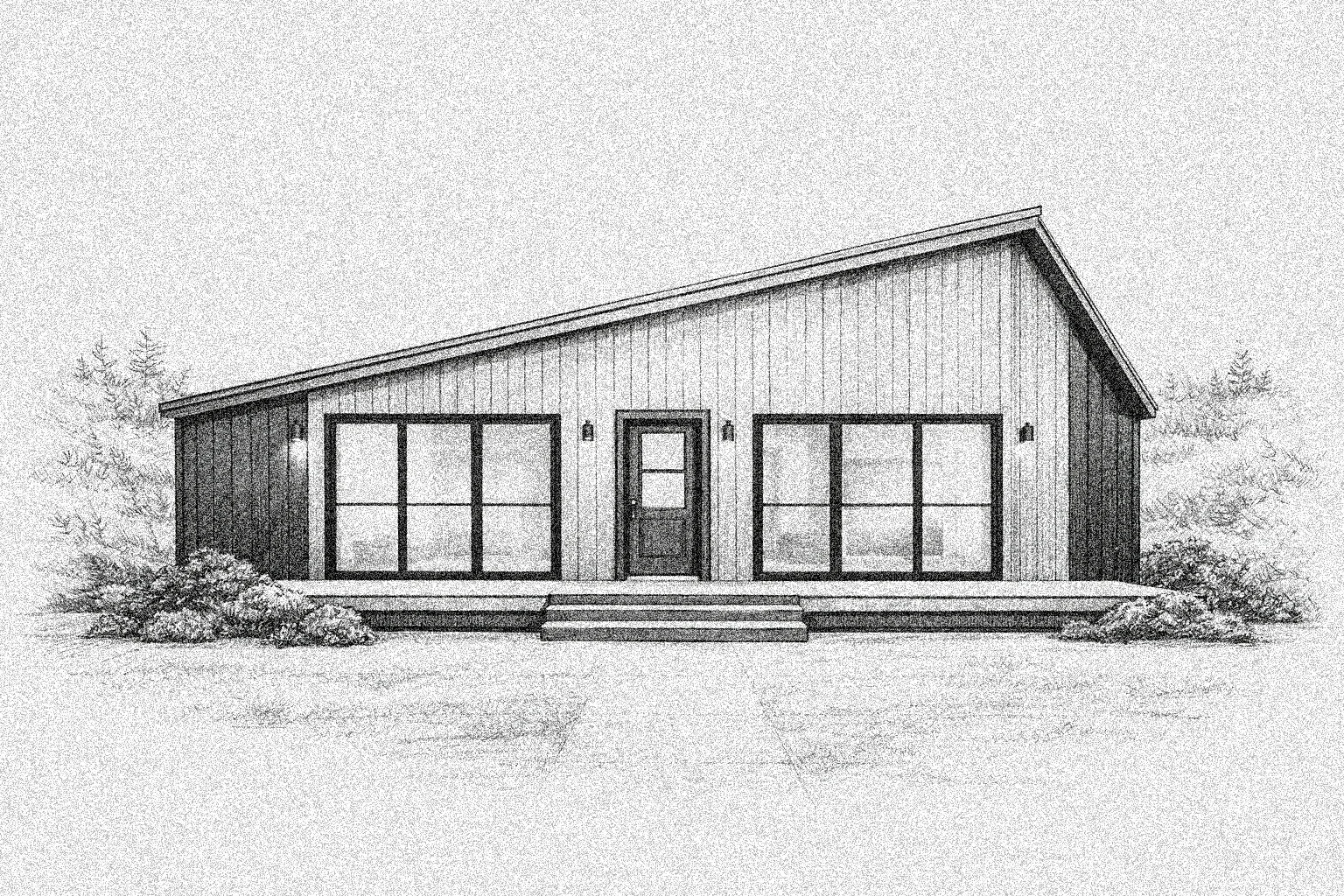 A sketch of a modern, single-story house with large windows, a front door, small front steps, and some bushes and trees in the background.