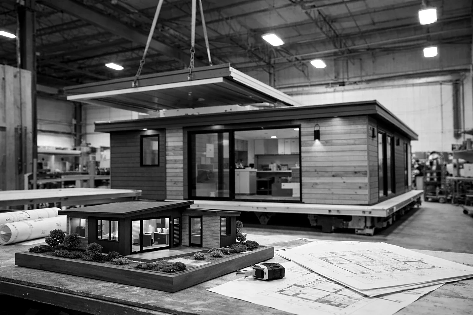 Architectural models of tiny houses on a workshop table, with blueprints, a tape measure, and a miniature house surrounded by Landscaping in the foreground.