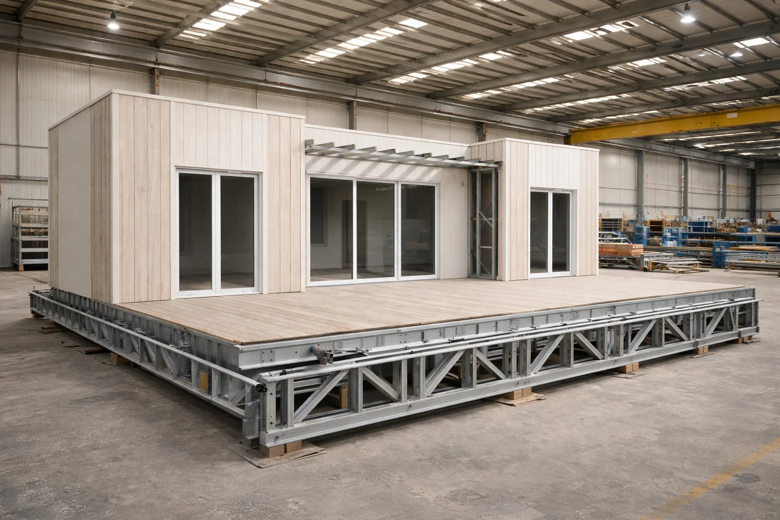 Construction site with a small, modern, prefabricated house on a metal platform inside a warehouse.