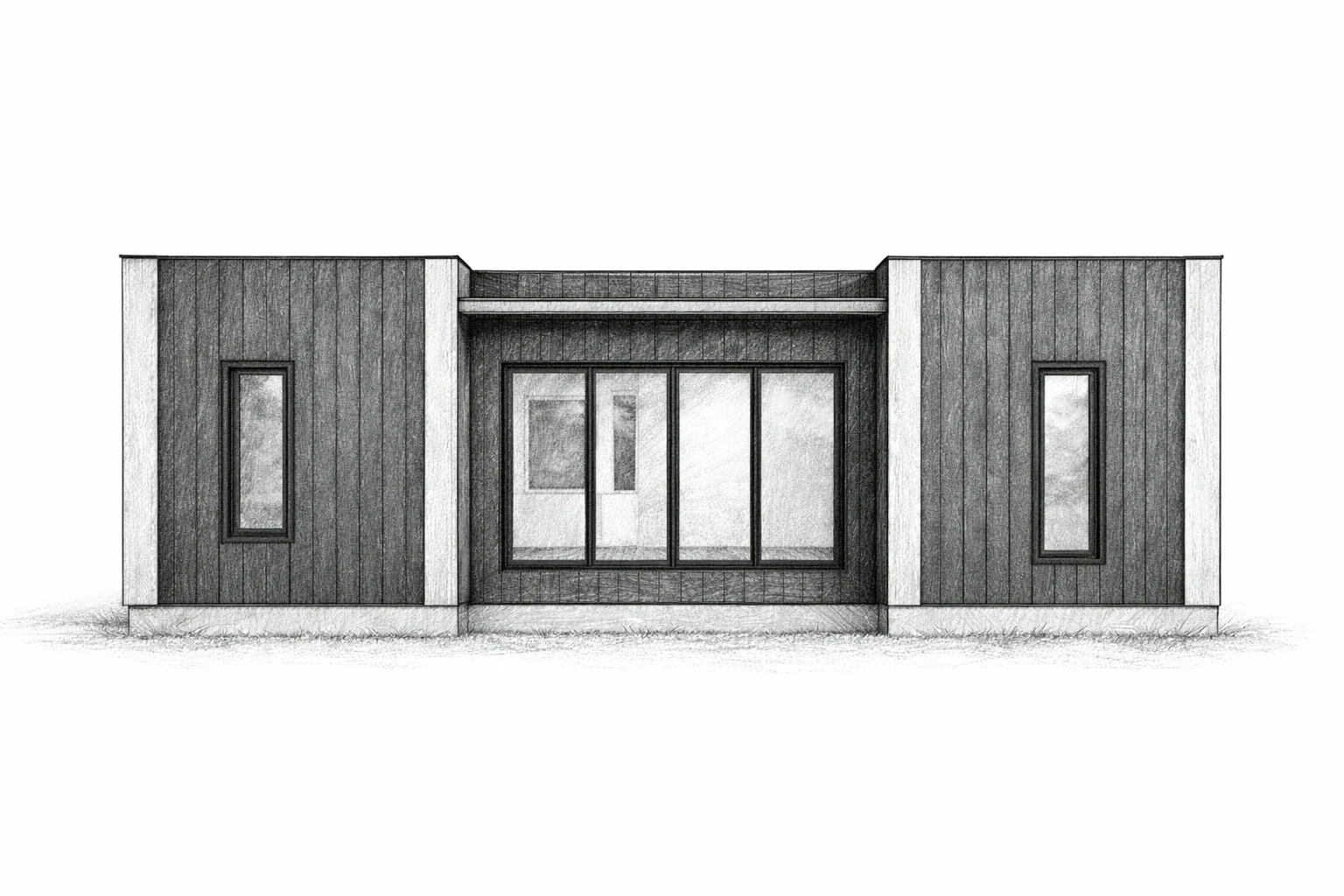 Sketch of a modern rectangular house with wood siding, centered sliding glass doors, and two narrow vertical windows.