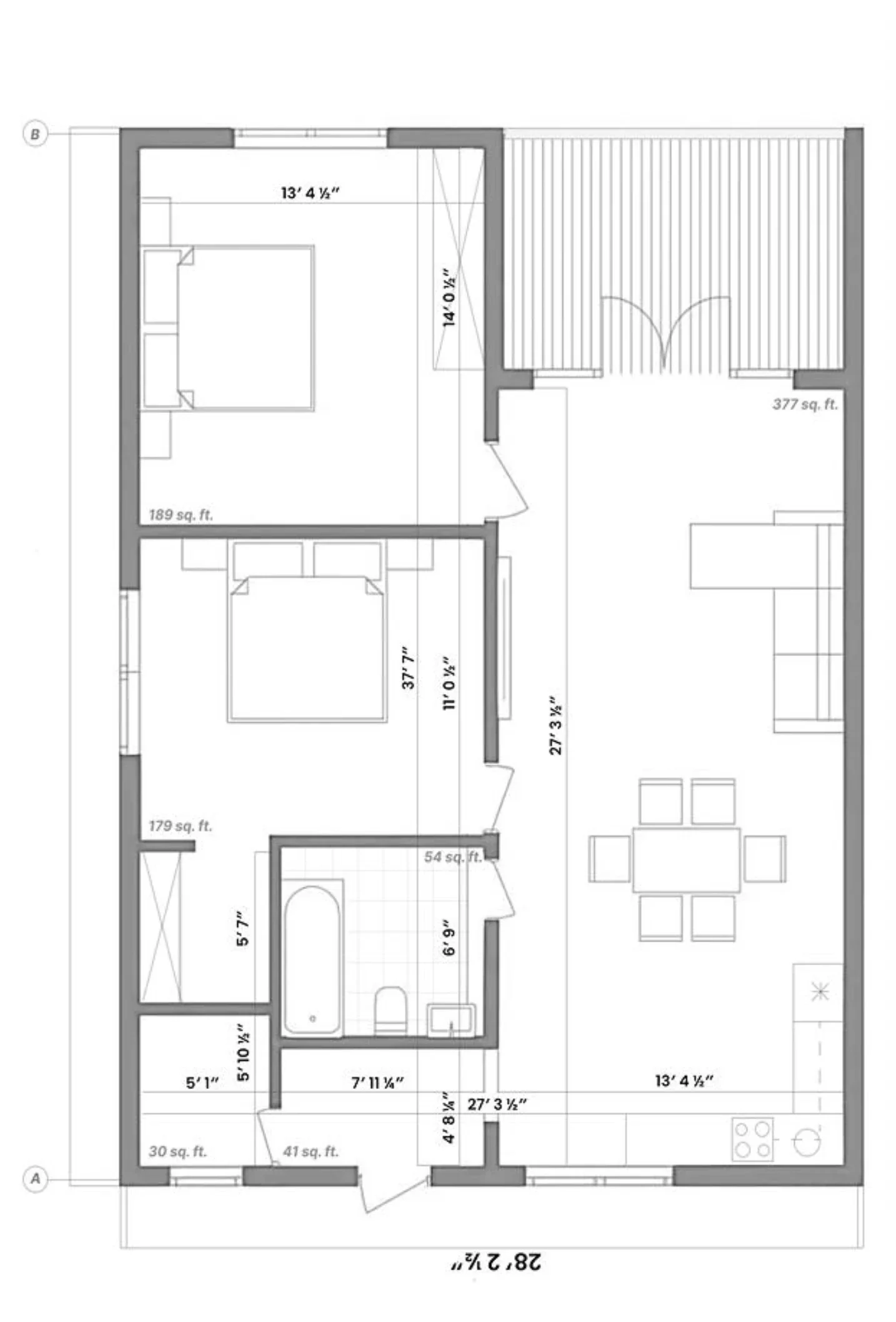 Floor plan layout of a house with rooms labeled with dimensions and square footage, including two bedrooms, a bathroom, living room, and kitchen.