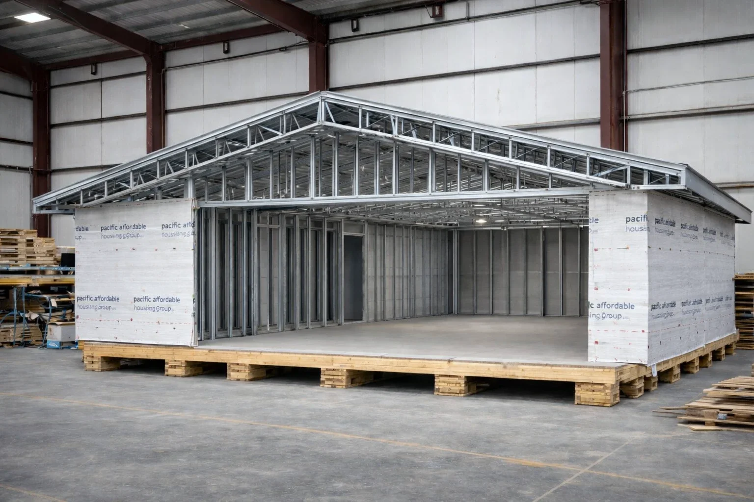 Steel frame structure of a building under construction on a wooden pallet in a warehouse.